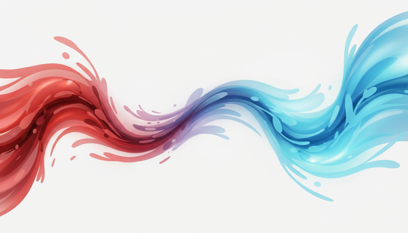 Zwei abstrakte Energieflüsse, rot für Stress und blau für Entspannung, die Interaktion und die Überwindung von Stress durch Ruhe zeigen.