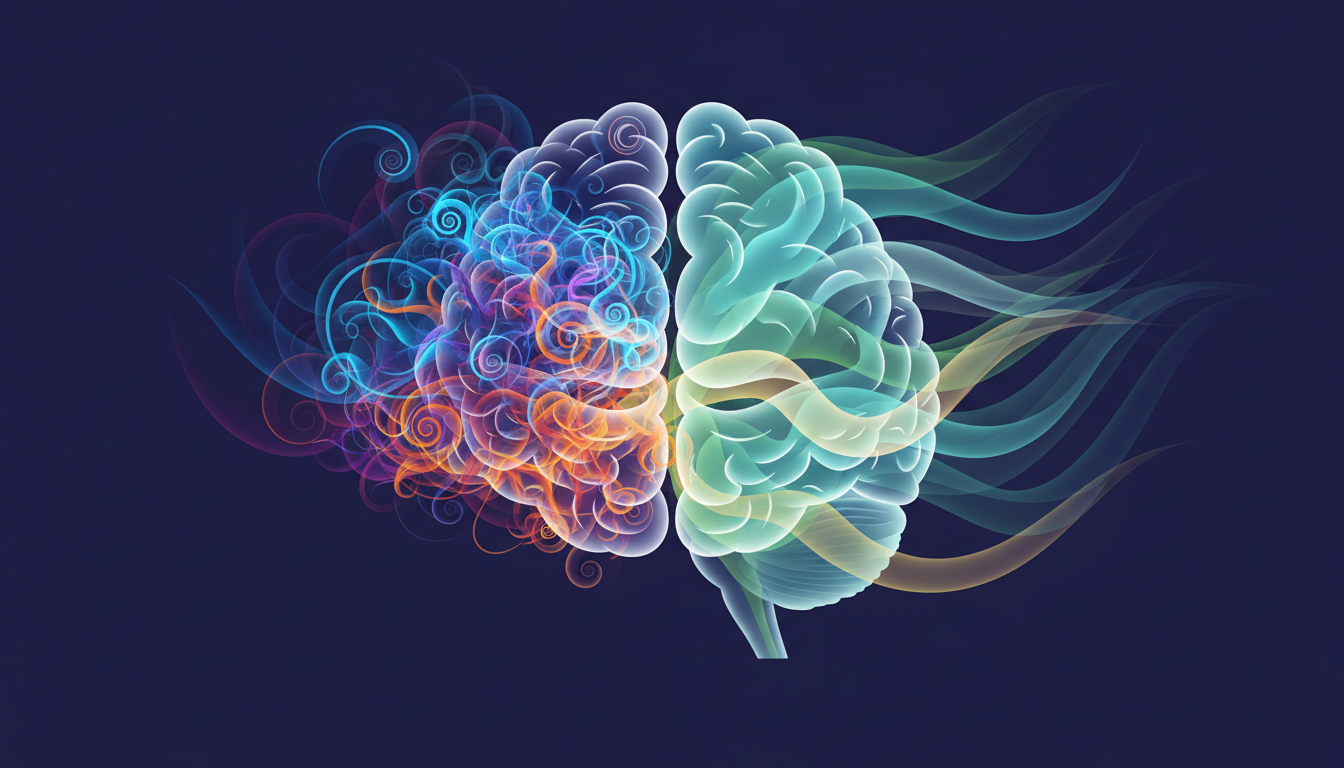 Abstrakte Gehirnwellen verändern sich von turbulent zu harmonisch und illustrieren die neurologischen Effekte der Meditation.