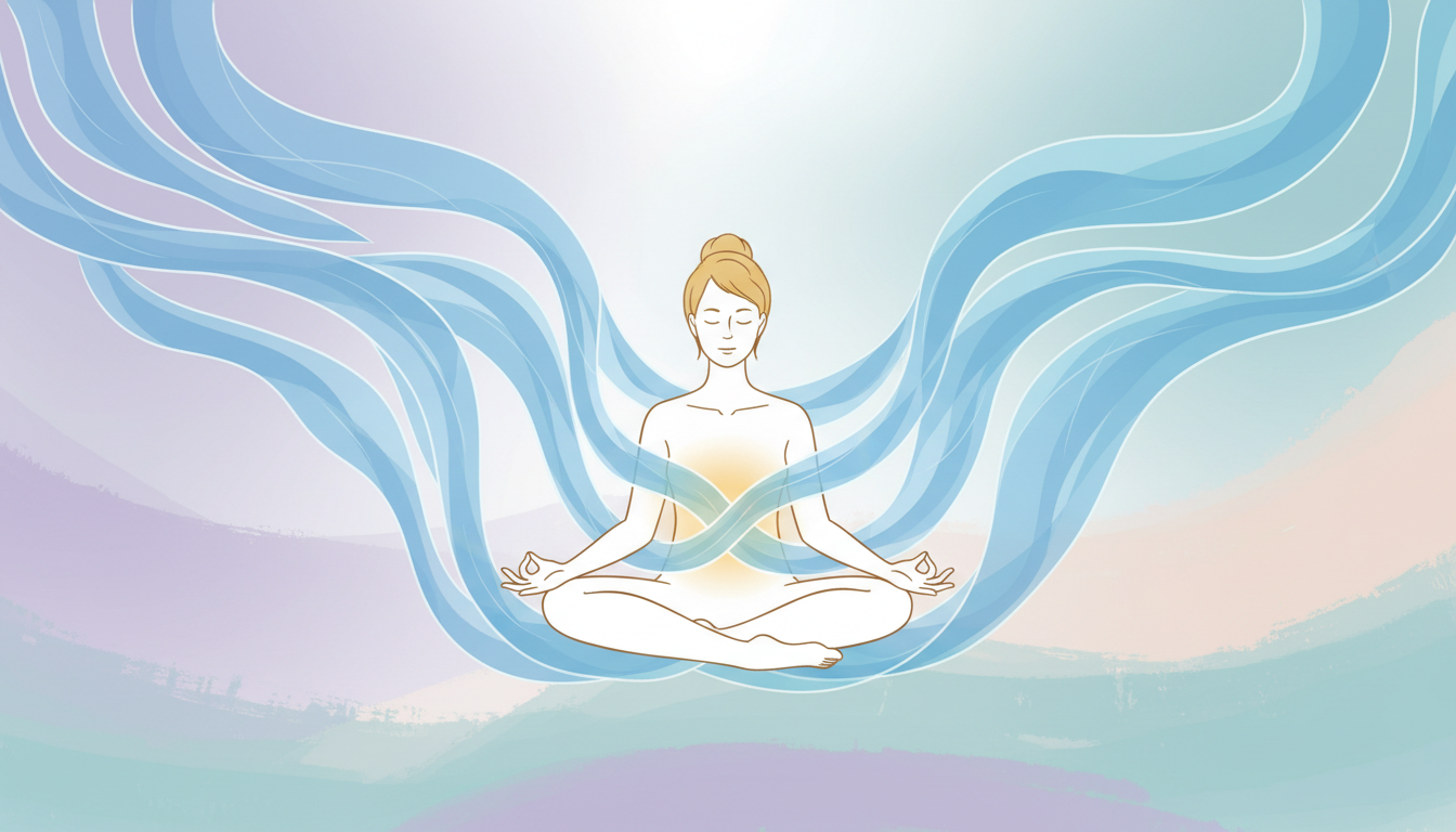 Friedliche Person meditiert in ruhiger Umgebung, umgeben von sanften blauen Energiewellen, die Stressabbau und tiefe Entspannung symbolisieren.
