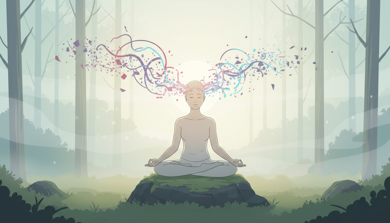 Ruhige Person meditiert in der Natur, umgeben von leuchtendem Nebel, während chaotische Lichtwirbel verblassen, was mentale Klarheit zeigt.