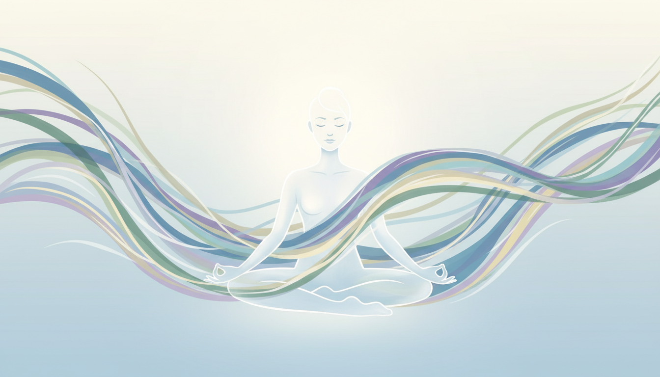 Eine Person in friedlicher, meditativer Haltung, umgeben von sanften, fließenden Lichtwellen und subtilen Farben, die tiefe Entspannung und innere Harmonie ausstrahlen.