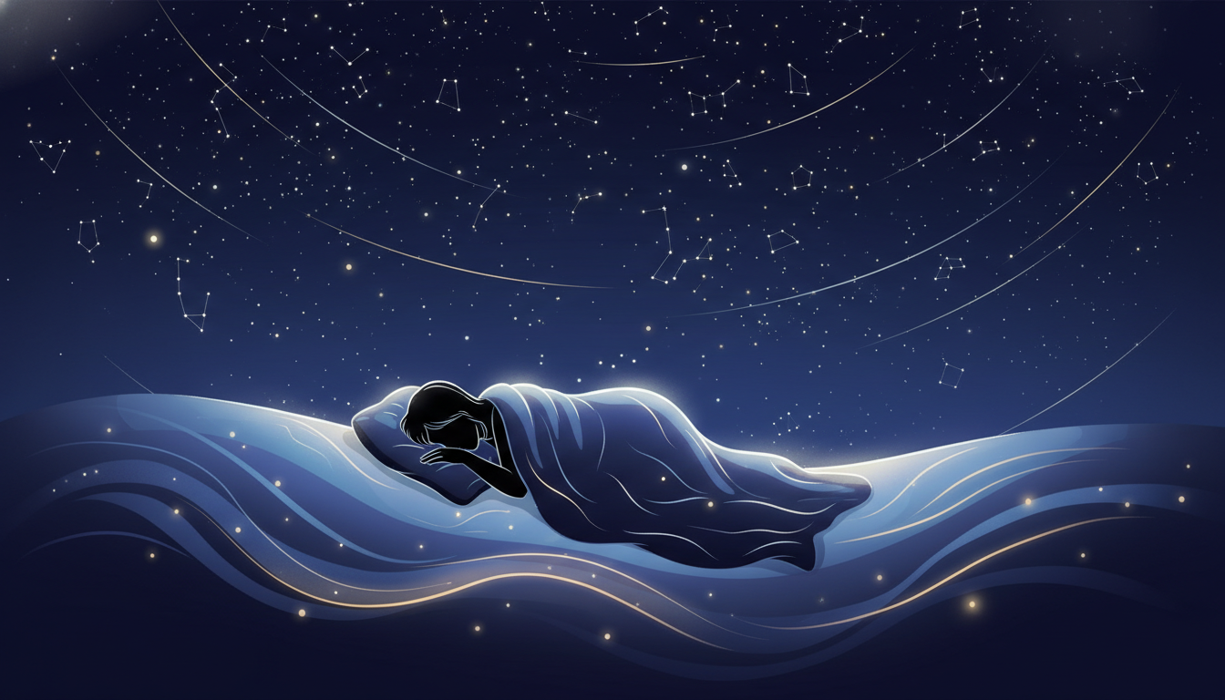 Eine friedliche, silhouettierte Figur, die unter einem Sternenhimmel ruht, umgeben von sanften, fließenden Energiemustern, die tiefen, erholsamen Schlaf repräsentieren.