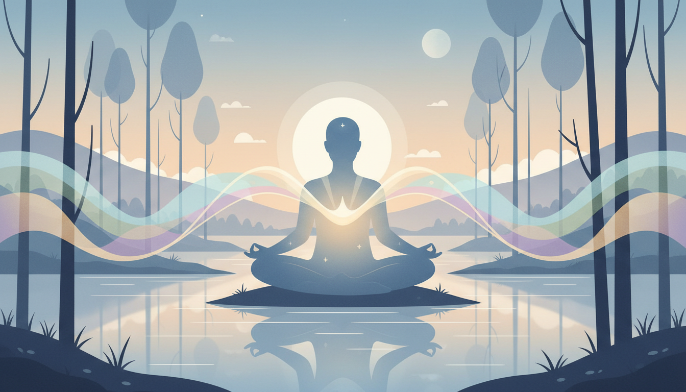 Menschliche Silhouette in der Natur mit innerer Energie, verbunden mit beruhigenden Schallwellen