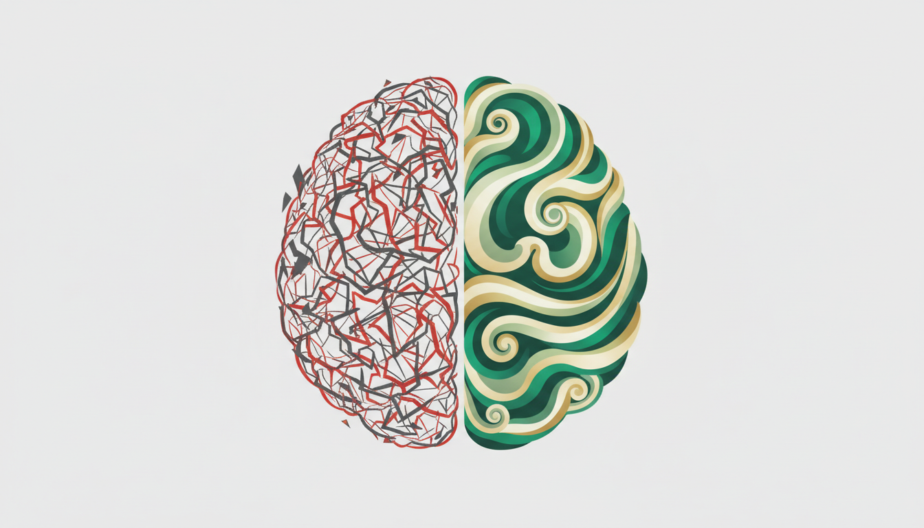 Kontrastierende Gehirnhälften: eine chaotisch, die andere ruhig und erleuchtet, symbolisierend den Übergang von Stress zu Gelassenheit.