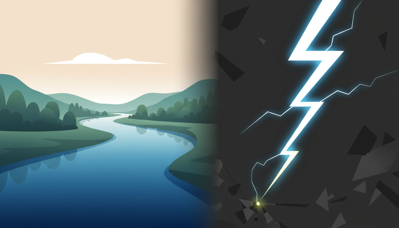 Ein ruhiger Fluss symbolisiert umfassende NSDR-Ruhe, kontrastiert mit einem kurzen elektrischen Funken als Metapher für sofortige Power-Nap-Energie.