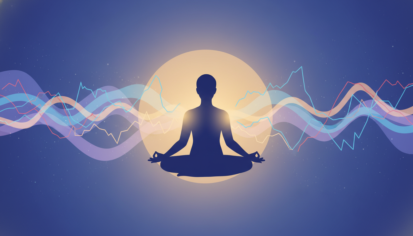 Eine gelassene, fokussierte Silhouette in meditativer Pose strahlt sanftes, goldenes Licht aus, das chaotische Energie um sie herum beruhigt und unruhige Gehirnmuster in glatte, harmonische, sich langsam bewegende Lichtwellen verwandelt.