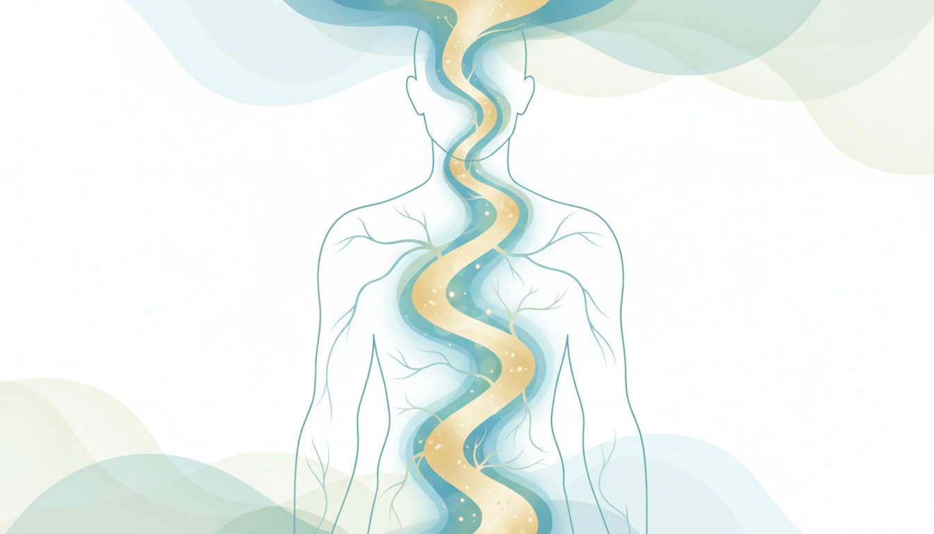 Sanfter Lichtpfad oder Energiefluss, der vom Kopf durch den Oberkörper fließt und tiefe Entspannung sowie Beruhigung des Nervensystems darstellt.
