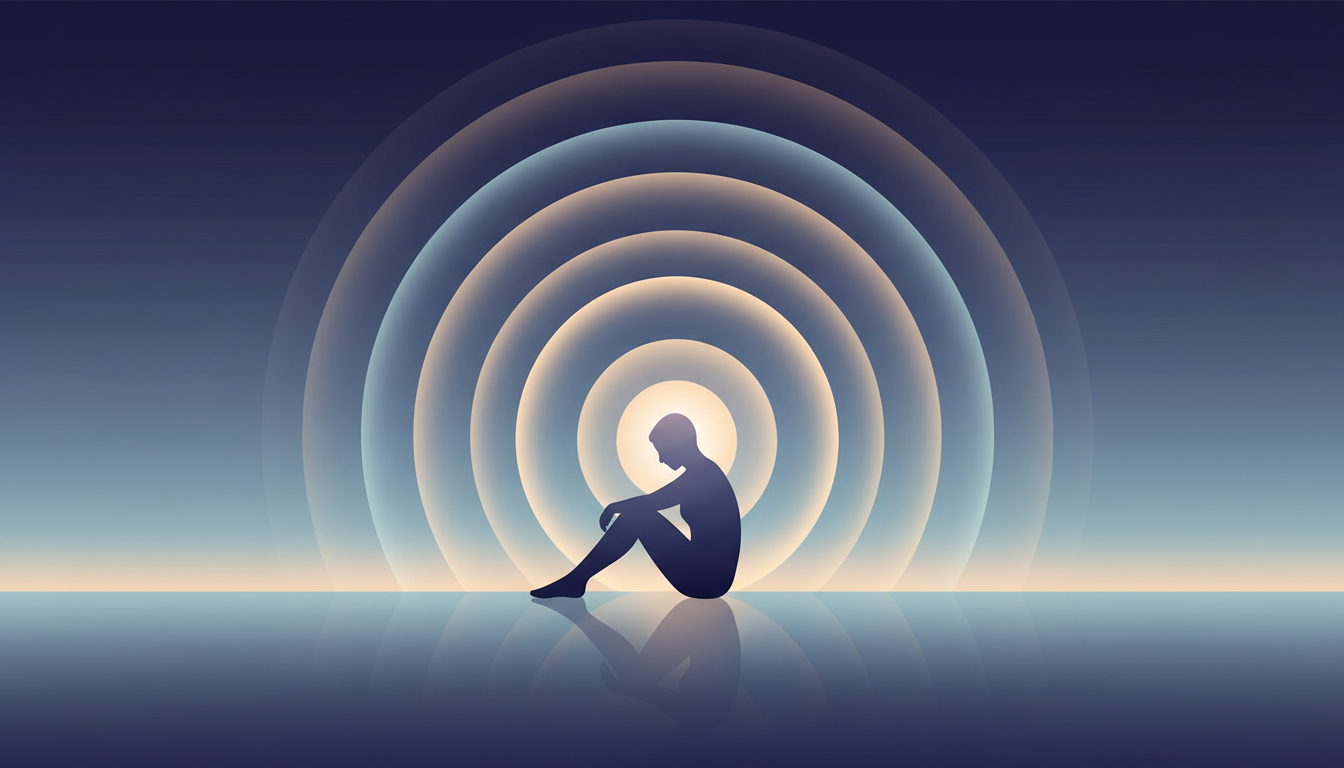 Sanfte, konzentrische Lichtwellen, die von einer subtilen Quelle ausgehen und um eine entspannte menschliche Silhouette ein tiefes Gefühl von Frieden und Stille erzeugen.