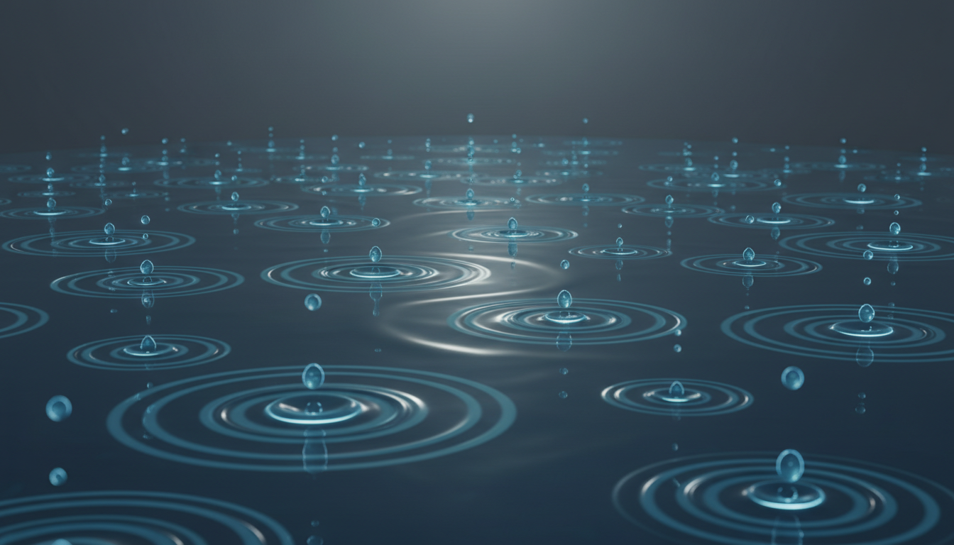 Kleine, gleichmäßige Tropfen leuchtenden Wassers, die in einen stillen Teich fallen und sich stetig ausbreitende, konzentrische Wellen erzeugen, die die gesamte Oberfläche leise verändern.