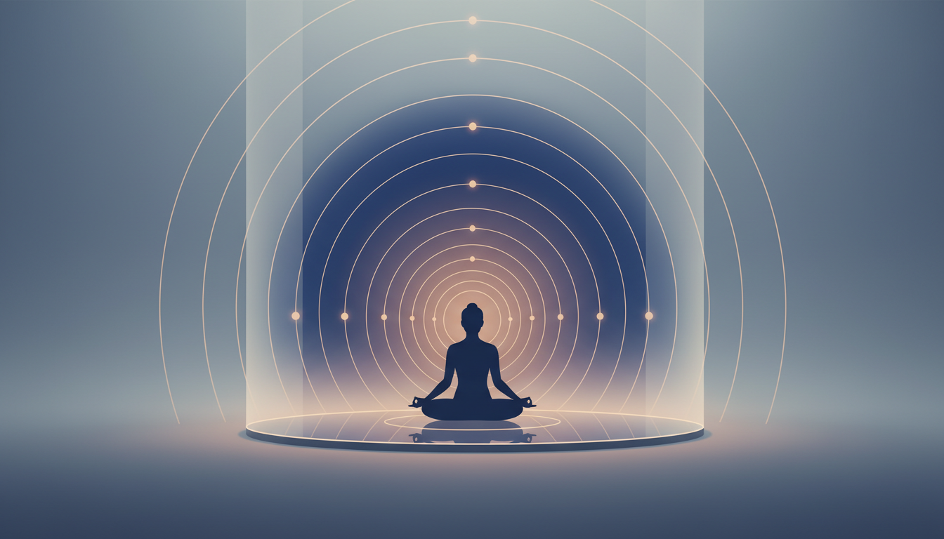 Meditierende Figur, umgeben von rhythmischem Licht für optimale Konzentration und Ruhe