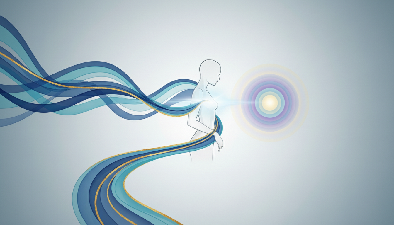Abstrakte Schallwellen leiten menschliche Silhouette zu Ruhe und Fokus.