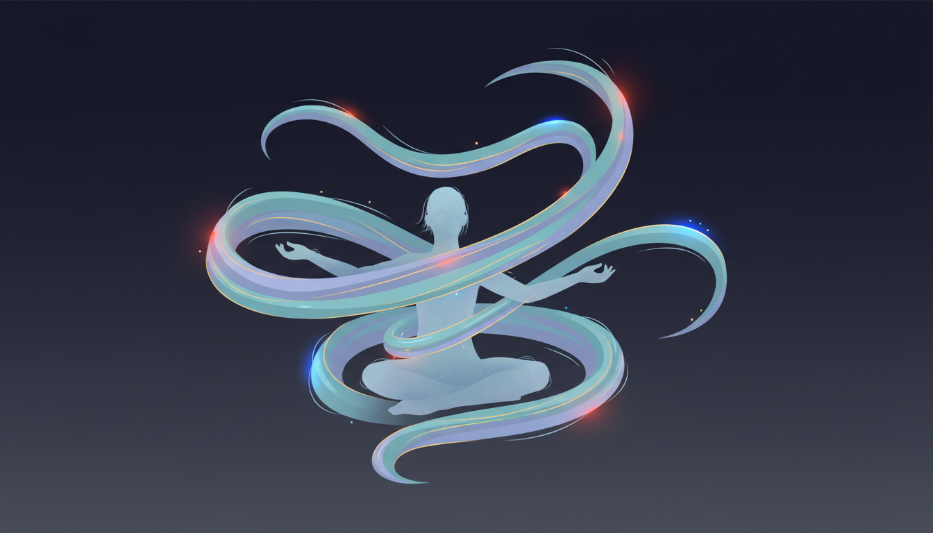 Abstrakte, fließende Lichtströme in beruhigenden Farben umgeben eine menschliche Silhouette, die geistige Klarheit und ausgewogene Energie symbolisiert.