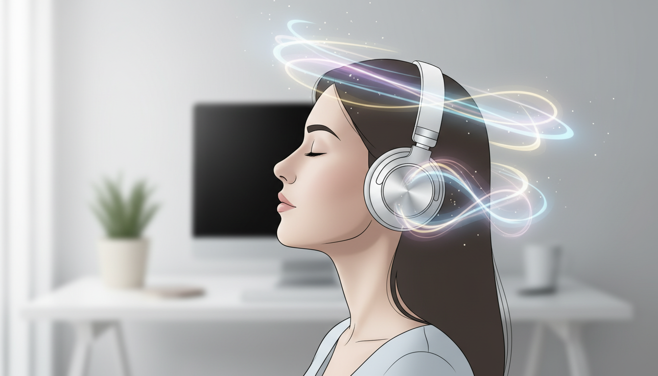 Person mit modernen Kopfhörern, von denen beruhigendes, leuchtendes Licht ausgeht, das erhöhte Konzentration und tiefe Entspannung in einem modernen Arbeitsbereich symbolisiert.