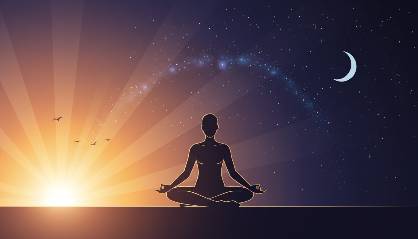 Eine Person meditiert unter einem Himmel, der einen ausgewogenen zirkadianen Rhythmus vom Sonnenaufgang bis zur Nacht darstellt.