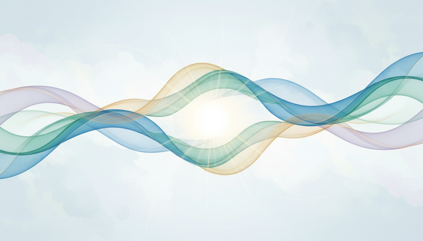 Ruhige, abstrakte Landschaft mit fließender, harmonischer Energie, die mentale Klarheit, tiefe Entspannung und inneres Gleichgewicht symbolisiert, bezogen auf die Wirkung von Frequenzen.