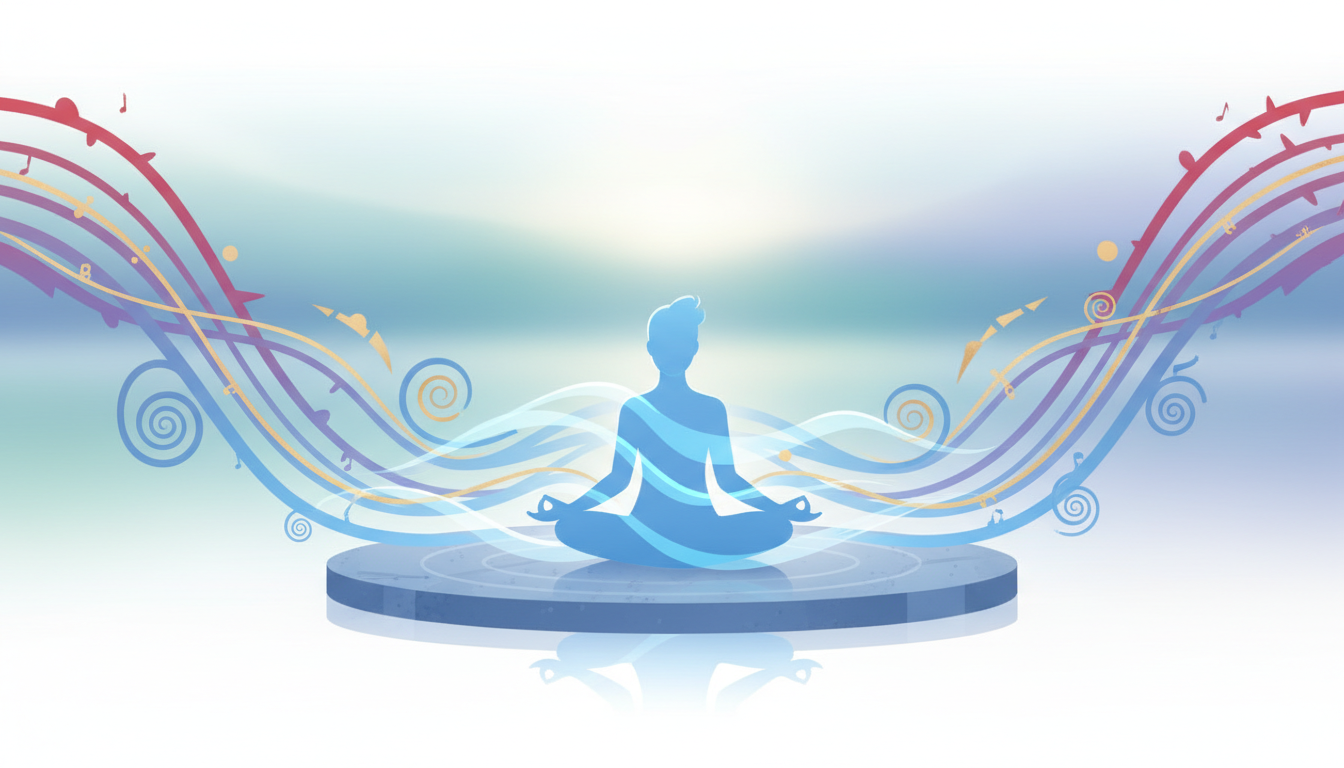 Eine Person strahlt ruhiges blaues Licht aus, während sanfte Wellen chaotischen Stress in harmonische Muster verwandeln.