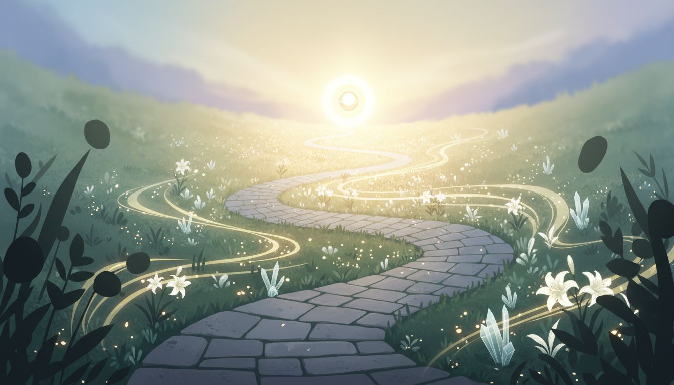 Ein gewundener Gartenpfad führt zu einem helleren Ziel, repräsentiert persönliches Wachstum und Selbstfindung durch die Praxis der Dankbarkeit.