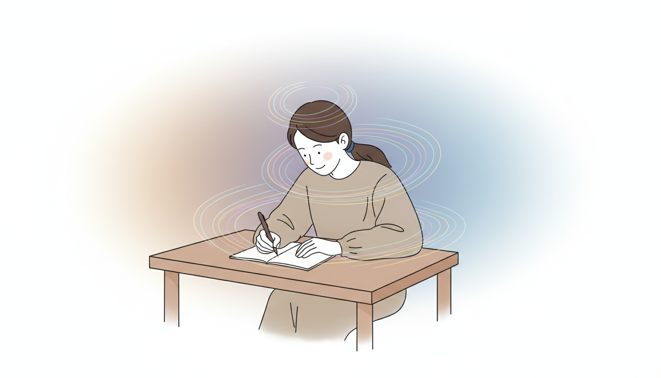 Schreibende Person umhüllt von sanften Lichtmustern und Energiewellen, die tiefe Entspannung und Fokus symbolisieren.