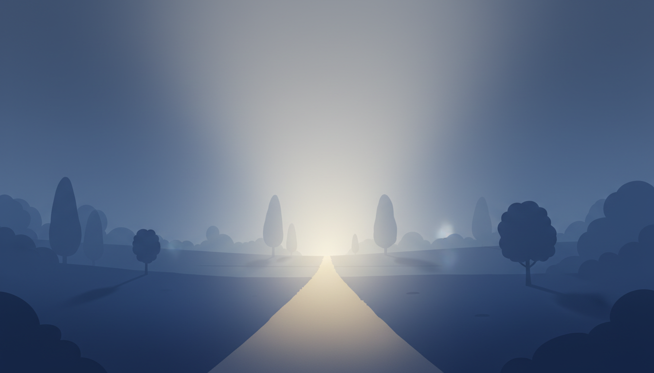 Eine neblige Landschaft lichtet sich, um einen hellen, fokussierten Weg freizugeben, während ein tiefblaues, friedliches Licht alles sanft umhüllt, was Klarheit und Hoffnung symbolisiert.