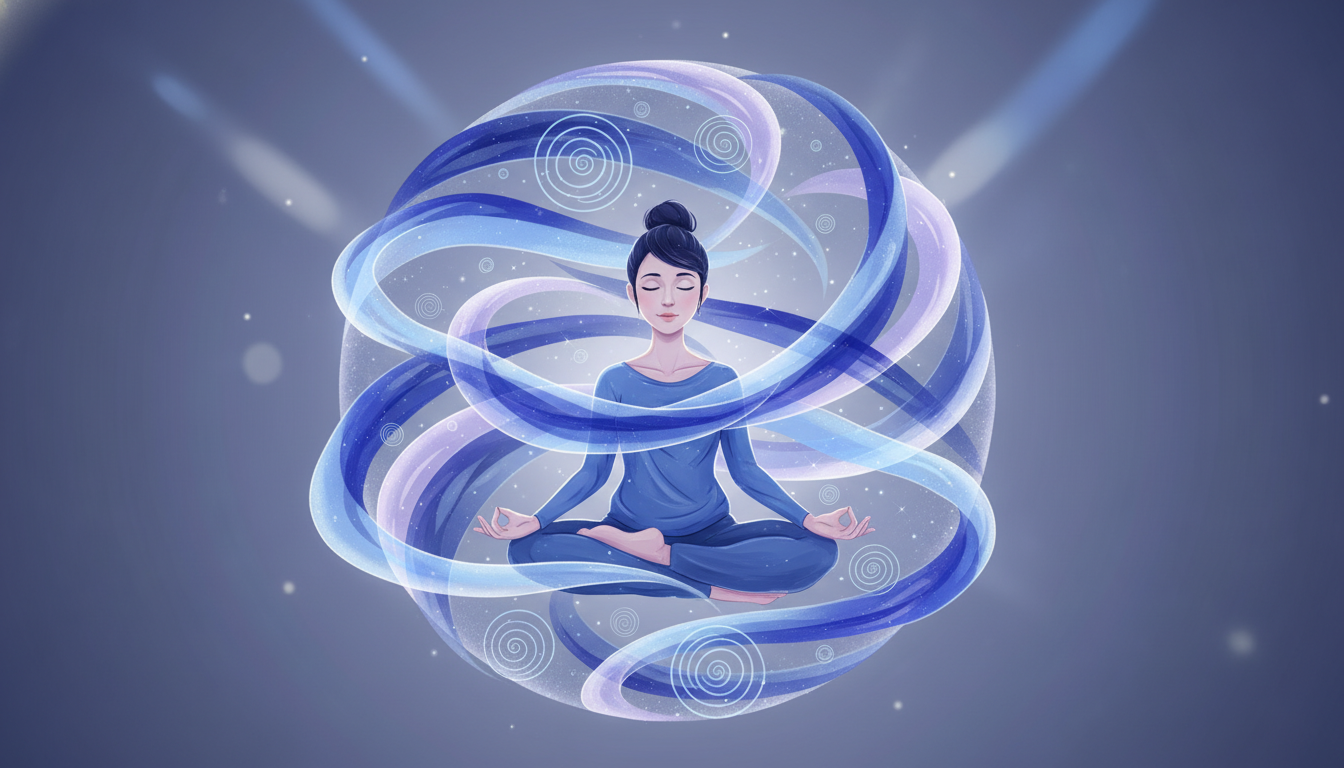 Meditierende Person, umgeben von schimmernden Schallwellen in Blau- und Violetttönen, die einen harmonischen und schützenden Kokon aus Energie bilden.