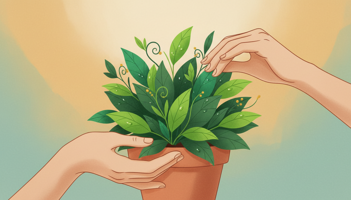 Hände pflegen eine kleine, blühende Pflanze, die persönliches Wachstum und Wertschätzung des eigenen Weges symbolisiert.