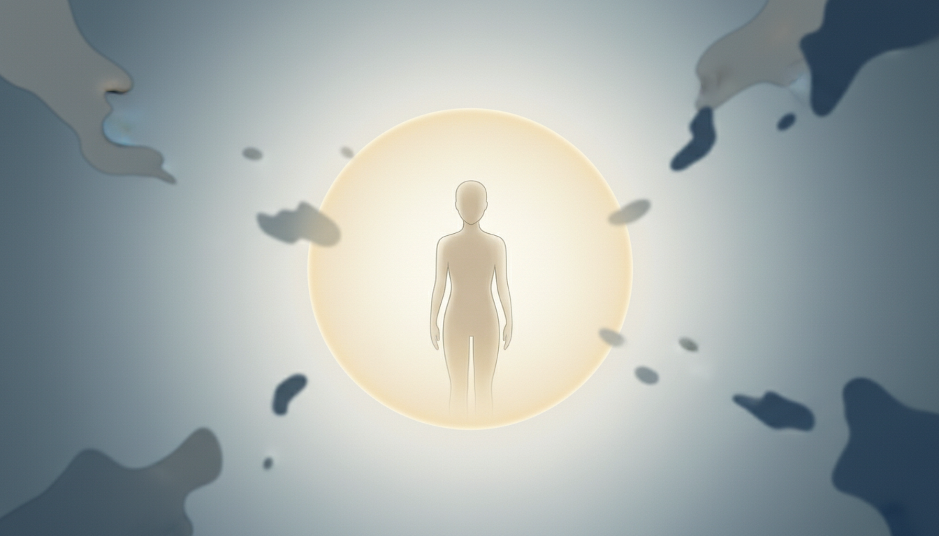 Eine sanfte, leuchtende Grenze oder ein Lichtschild umgibt eine Person, das äußere Drücke auf Abstand hält, was Selbstschutz und gesunde Grenzen illustriert.