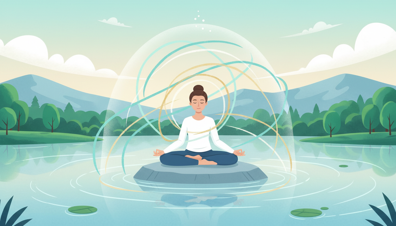 Meditierende Person in friedlicher Naturumgebung, umgeben von sanften Energiemustern, die Fokus und inneren Frieden symbolisieren.