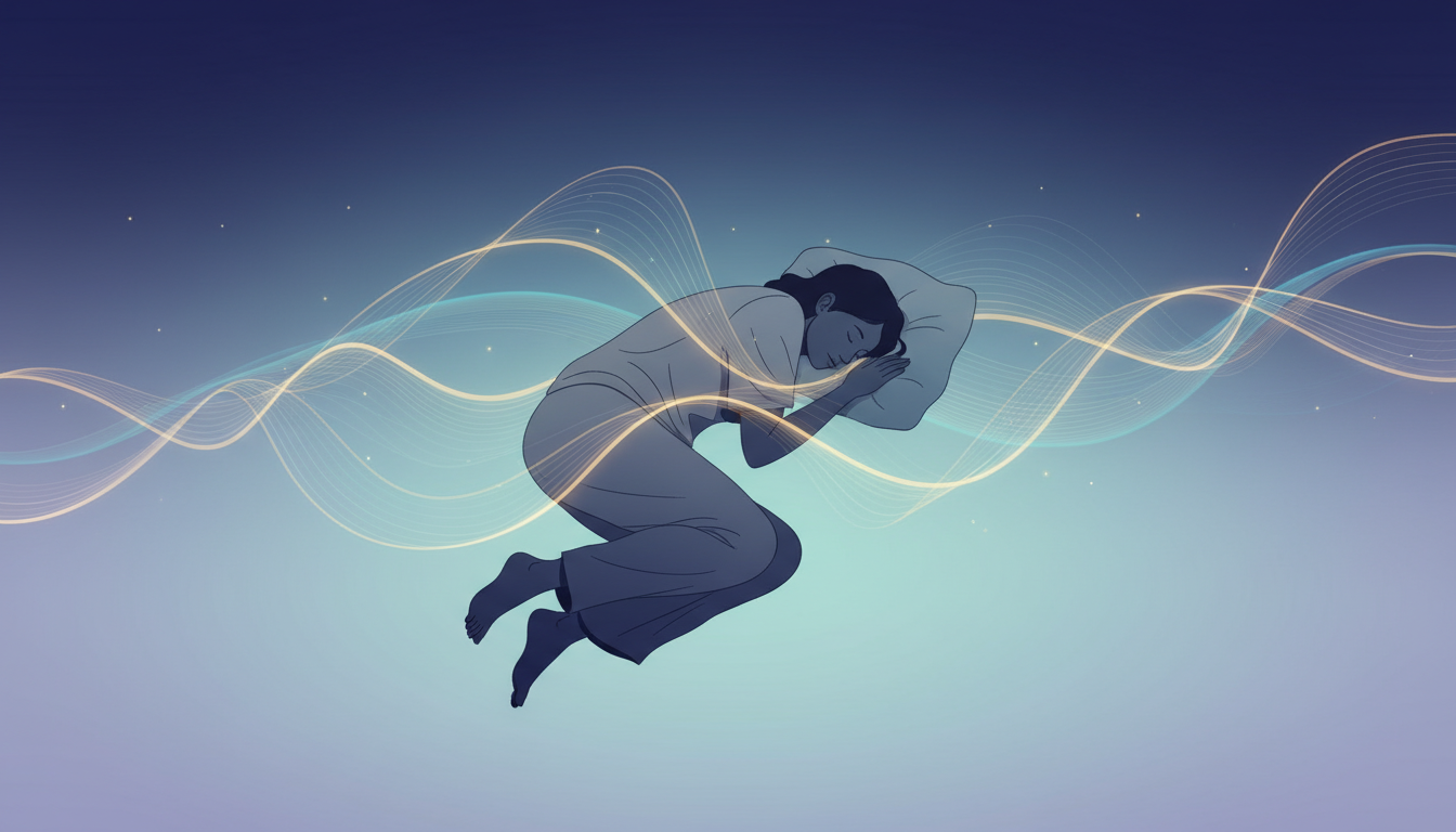 Sanfte, harmonisierende Schallwellen als Lichtmuster um eine ruhende Figur, die in tiefere Gelassenheit gleitet.