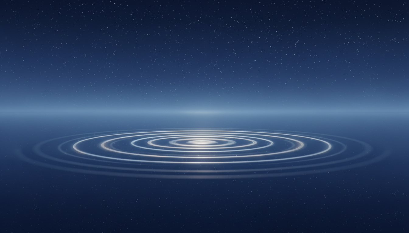 Ruhiges, tiefes Wasser reflektiert einen klaren Sternenhimmel, mit leuchtenden Wellen, die tiefe Entspannung und Schlaf symbolisieren.