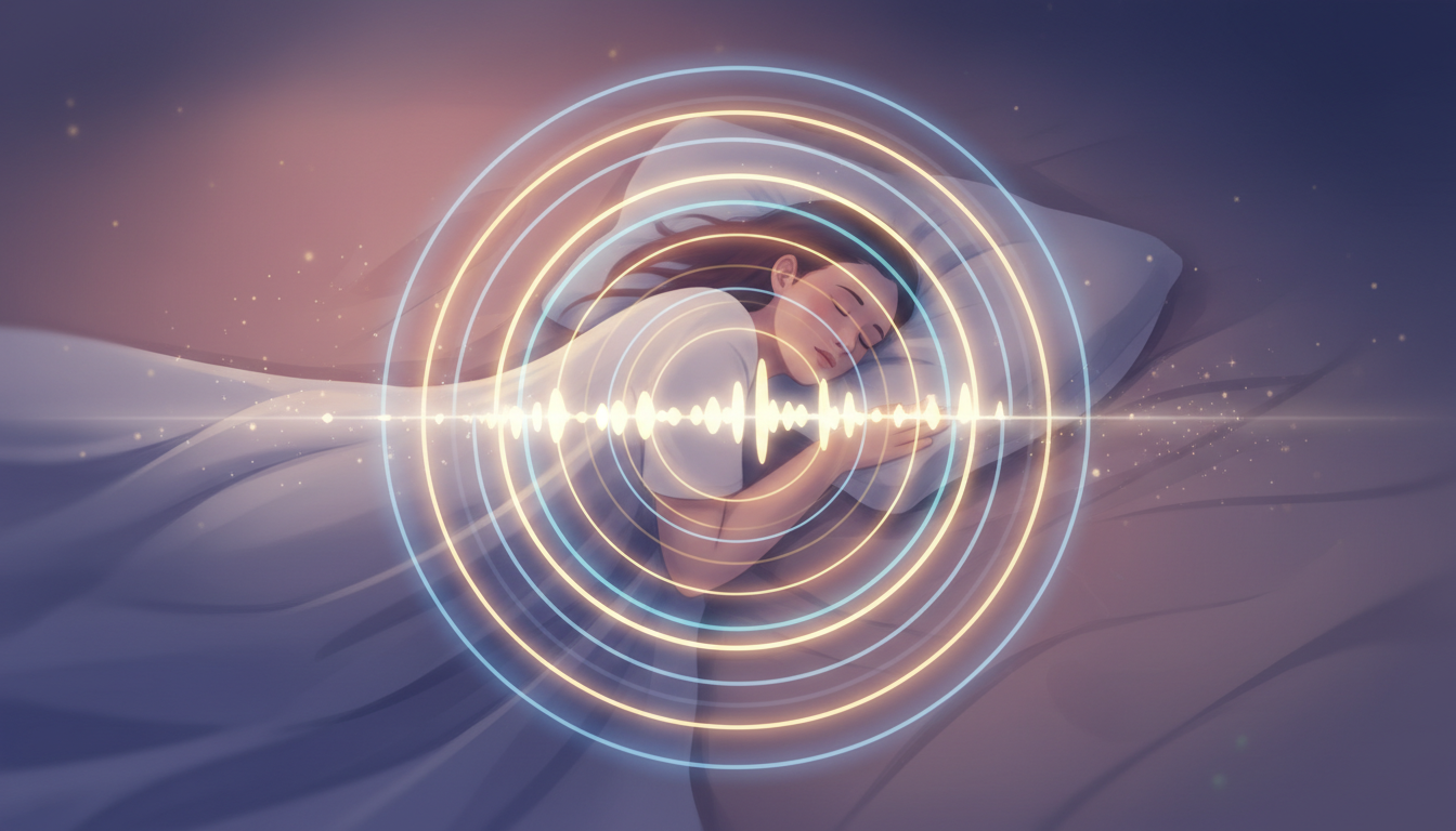 Sanfte, leuchtende Wellen um eine schlafende Figur, die erholsame Frequenzen für tiefen Schlaf symbolisieren.