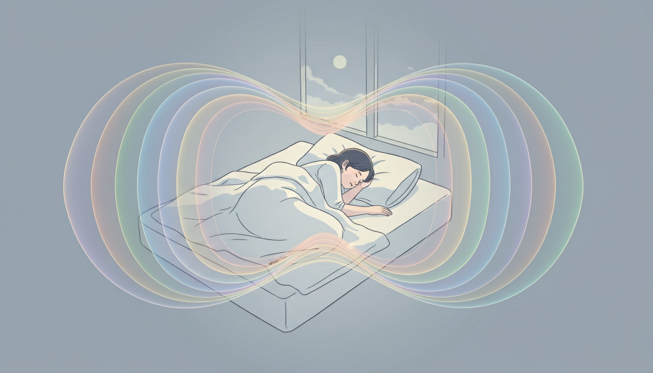 Schimmernde Klangwellen in verschiedenen Farben, die eine schlafende Figur umhüllen und eine Aura tiefer Ruhe und Erholung erzeugen.
