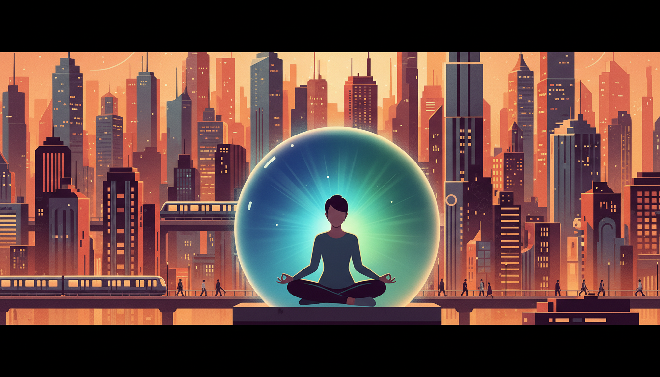 Eine Person sitzt friedlich inmitten einer Stadt, umgeben von einem Kokon aus blau-grünem Licht, symbolisiert innere Ruhe.
