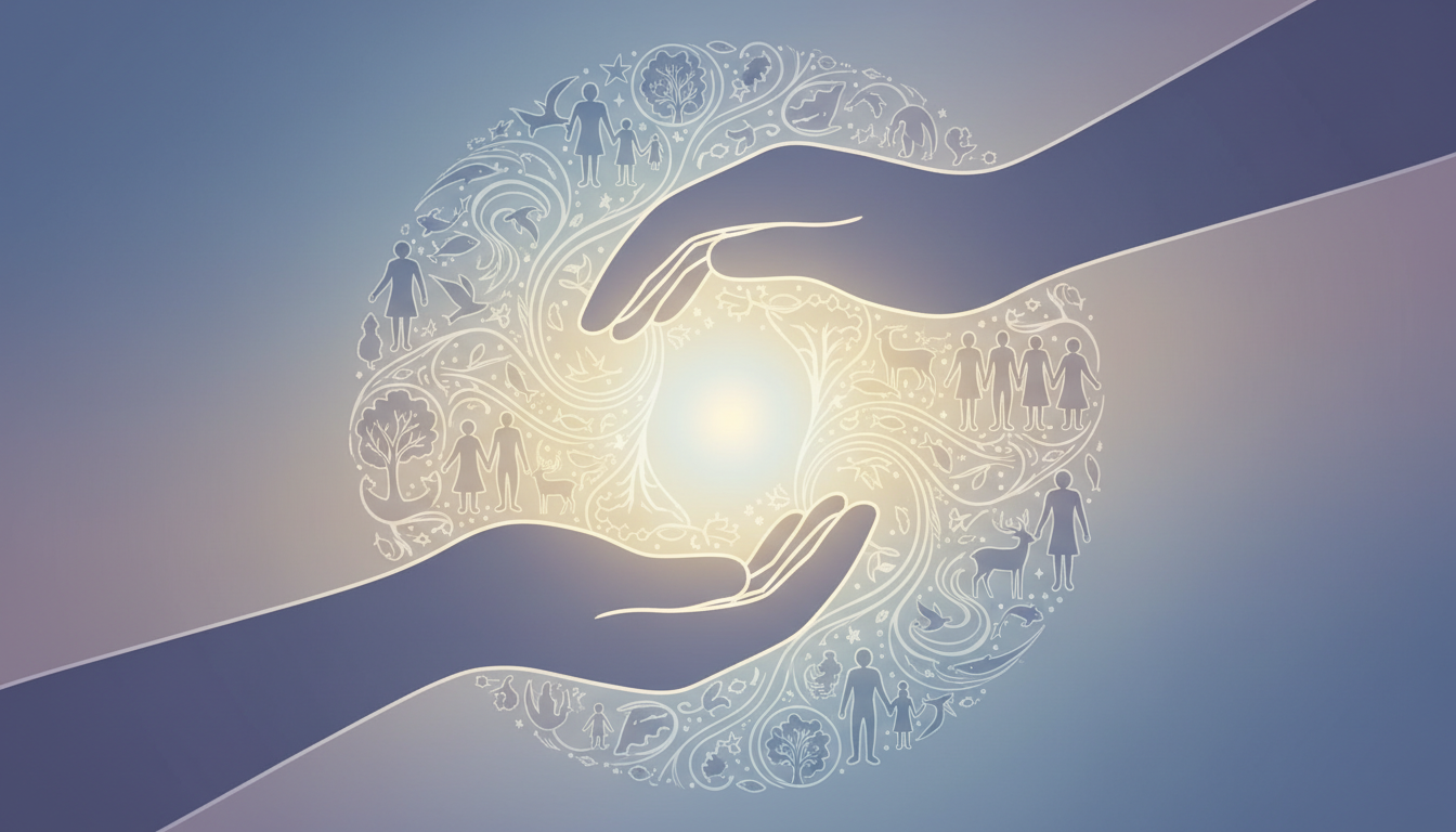 Hände halten ein schimmerndes Licht, das sich ausdehnt und Silhouetten von Menschen und Natur umfasst, als Symbol für universelles Mitgefühl und Verbundenheit.