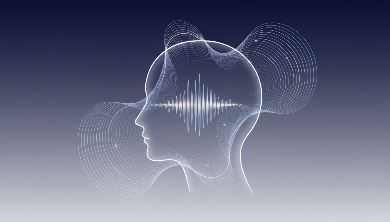 Subtile, rhythmische Schallwellen als harmonische Lichtmuster interagieren mit der Kopfsilhouette und erzeugen Wellen der Ruhe und mentalen Klarheit.