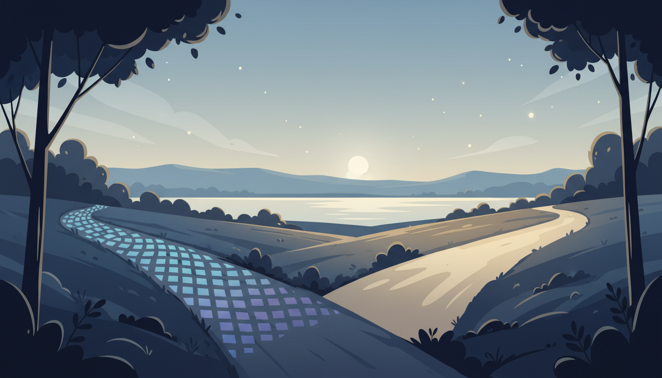 Ruhiger Weg teilt sich, eine Seite mit rhythmischen Lichtmustern, die andere mit sanftem Glühen, beide führen zu einer schlafenden Landschaft.