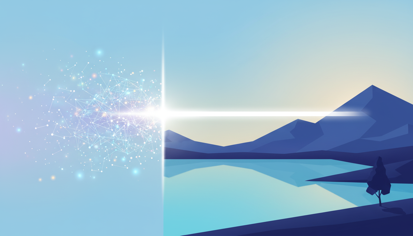 Ein komplexes, leuchtendes Netzwerk löst sich langsam in weiches Licht auf, während ein starker, klarer Strahl eine friedliche Landschaft erhellt, was den gewonnenen Fokus nach Überwindung von Ablenkung symbolisiert.