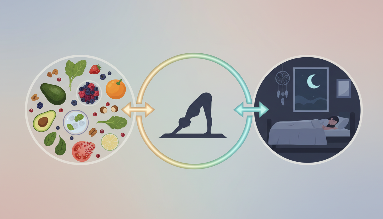 Ausgewogene Darstellung von gesunder Ernährung, Bewegung und Schlaf, verbunden durch Energiepfade