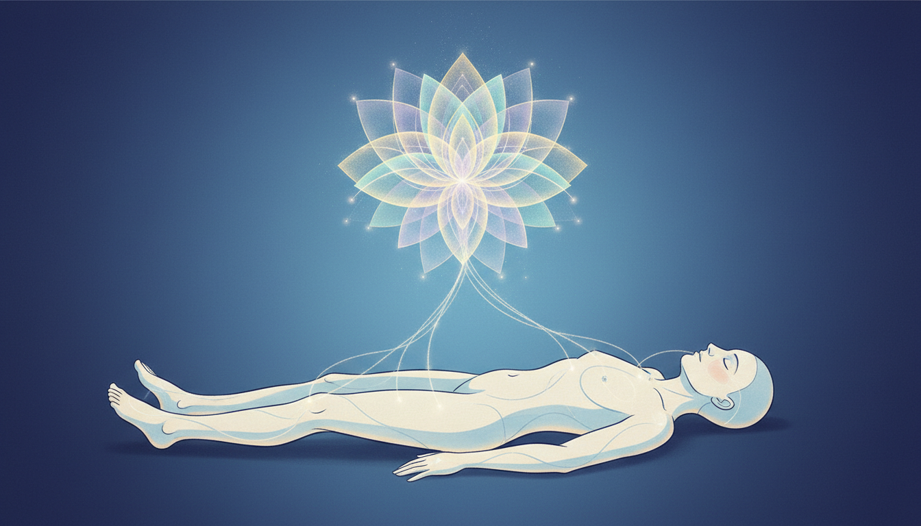 Ätherische Lichtfäden verbinden ruhende menschliche Form mit einem abstrakten Geistesbild, symbolisierend ganzheitliche Harmonie und Verbindung von Körper und Geist.