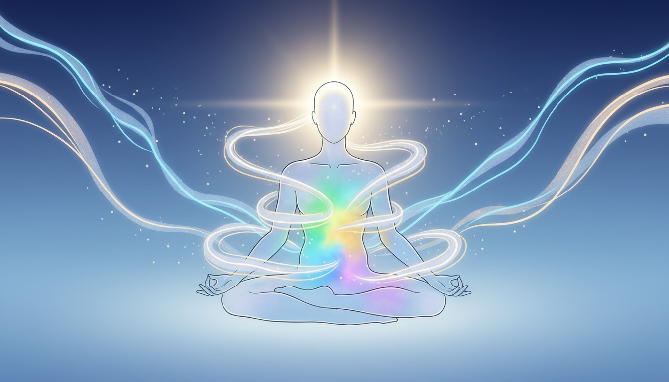 Ätherische Schallwellen als Lichtströme umhüllen eine Person, die den Geist klären und dem Körper ausgeglichene Energie verleihen.