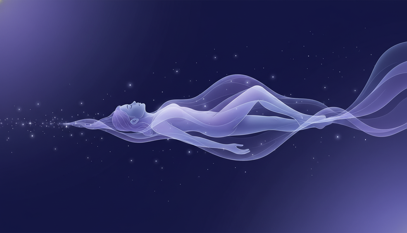 Subtile, schimmernde Klangwellen in Lila- und Blautönen umhüllen sanft eine Person in einem ruhigen, entspannten Zustand und führen sie in einen friedlichen, sternenklaren Tiefschlaf.