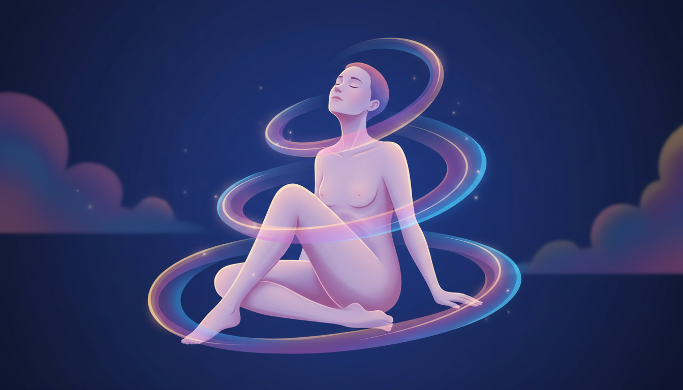 Leuchtende, farbige Wellenmuster umhüllen eine friedliche Figur, die tiefen mentalen Frieden und Ruhe ausstrahlt.