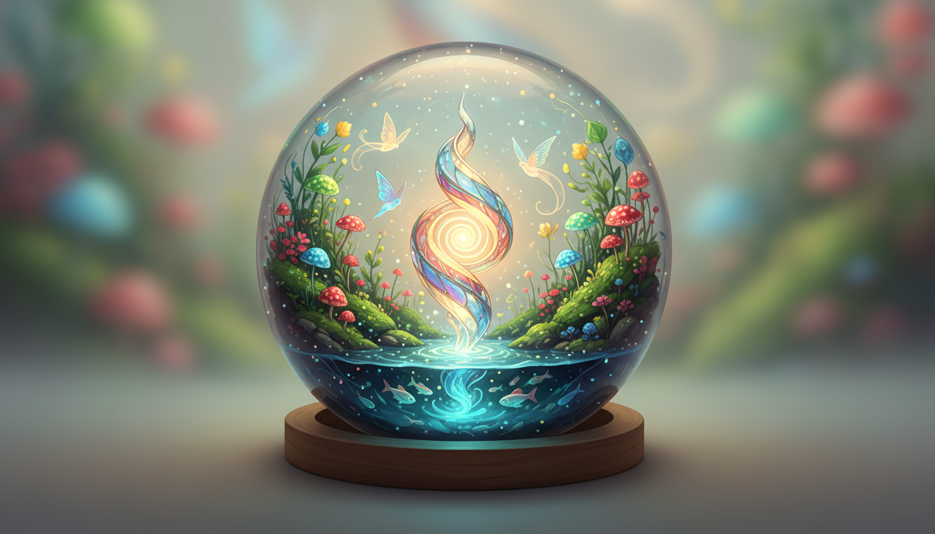 Ein perfekt ausgewogenes, kugelförmiges Ökosystem, das in lebendigen, gesunden Farben leuchtet und ganzheitliches Wohlbefinden und innere Harmonie symbolisiert.