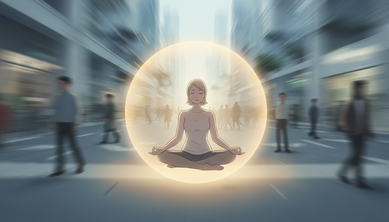 Eine ruhige Figur, die für einen kurzen Moment meditiert, umgeben von einer Blase warmen, fokussierten Lichts, während die verschwommene Umgebung eine geschäftige, eilige Welt andeutet.
