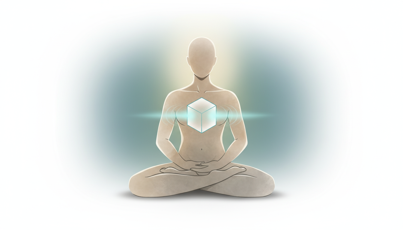 Ruhige Person in meditativer Haltung mit leuchtendem Würfel am Brustkorb, der den Atemzyklus des Box Breathings symbolisiert.