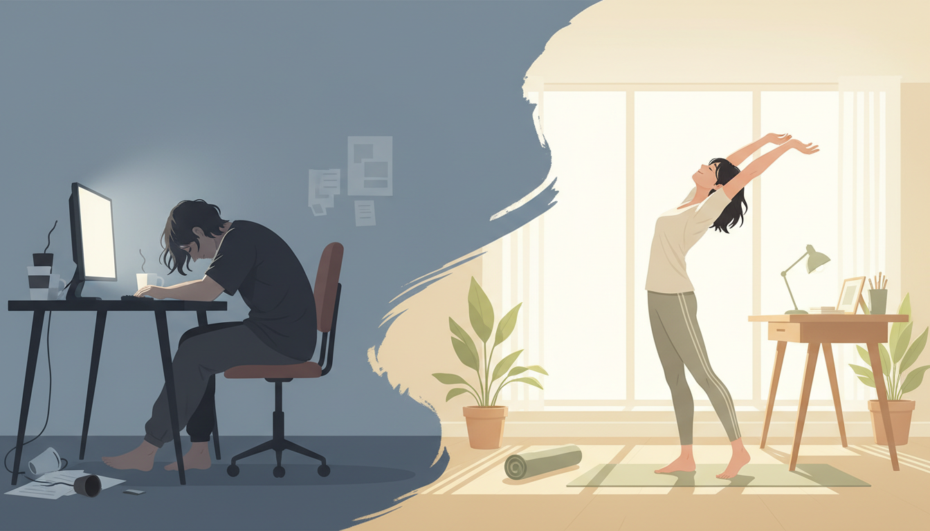 Ein geteiltes Bild, das den Kontrast zwischen einer statischen, erschöpften Figur am Schreibtisch und einer dynamischen, sich streckenden Person in einem hellen, energiegeladenen Home-Office-Bereich zeigt.