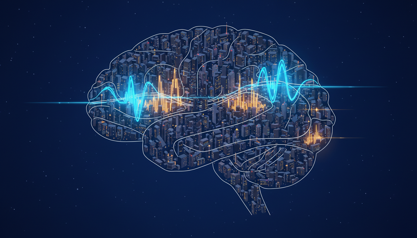 Abstrakte Gehirndarstellung als beleuchtete Stadtlandschaft, die die aktive REM-Schlafverarbeitung symbolisiert.