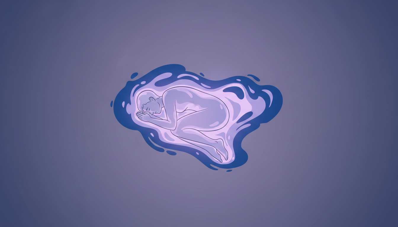 Eine friedlich schlafende Person, umgeben von blau-violettem Licht, das tiefe Erholung und Regeneration durch Neowake symbolisiert.