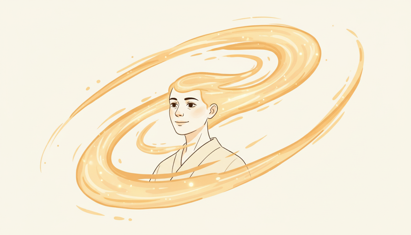 Sanfte goldene Lichtwellen, die aus einem Kopf strömen und eine Aura entspannter Aufmerksamkeit und offener Kreativität schaffen, symbolisieren Alpha-Wellen durch Neowake.