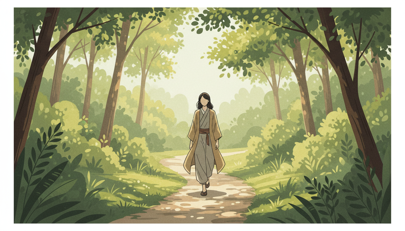 Person geht achtsam auf einem Pfad, umgeben von grünem Laub, Sonnenlicht