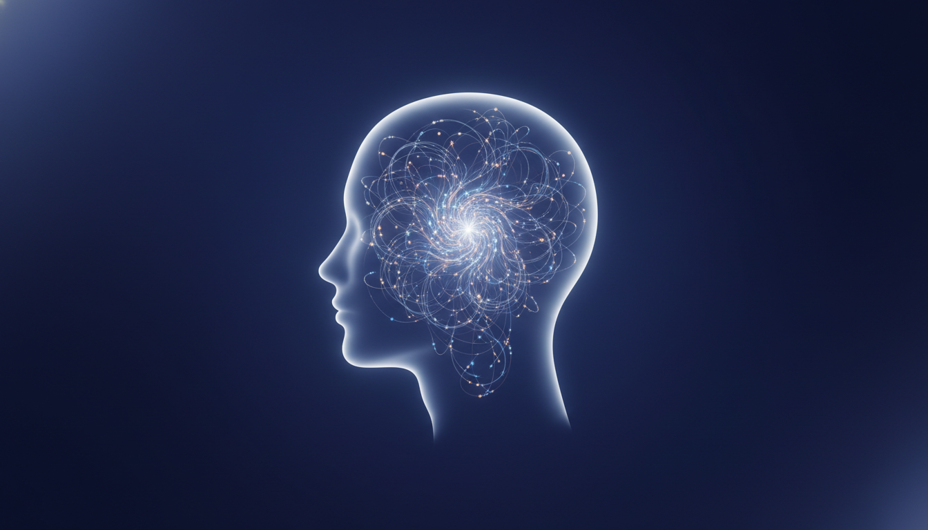 Feine, verbundene Lichtmuster in einer durchscheinenden Kopfsilhouette, symbolisch für Gehirnwellenkohärenz und mentale Klarheit durch TM.